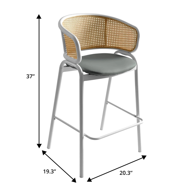 LeisureMod Ervilla Wicker Back and Leather Upholstered Bar Stool in Gray/White