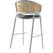 LeisureMod Ervilla Wicker Back and Leather Upholstered Bar Stool in Gray/White