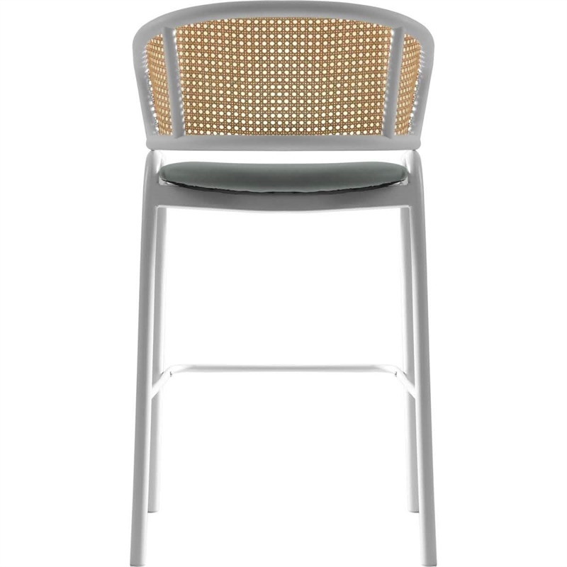 LeisureMod Ervilla Wicker Back and Leather Upholstered Bar Stool in Gray/White