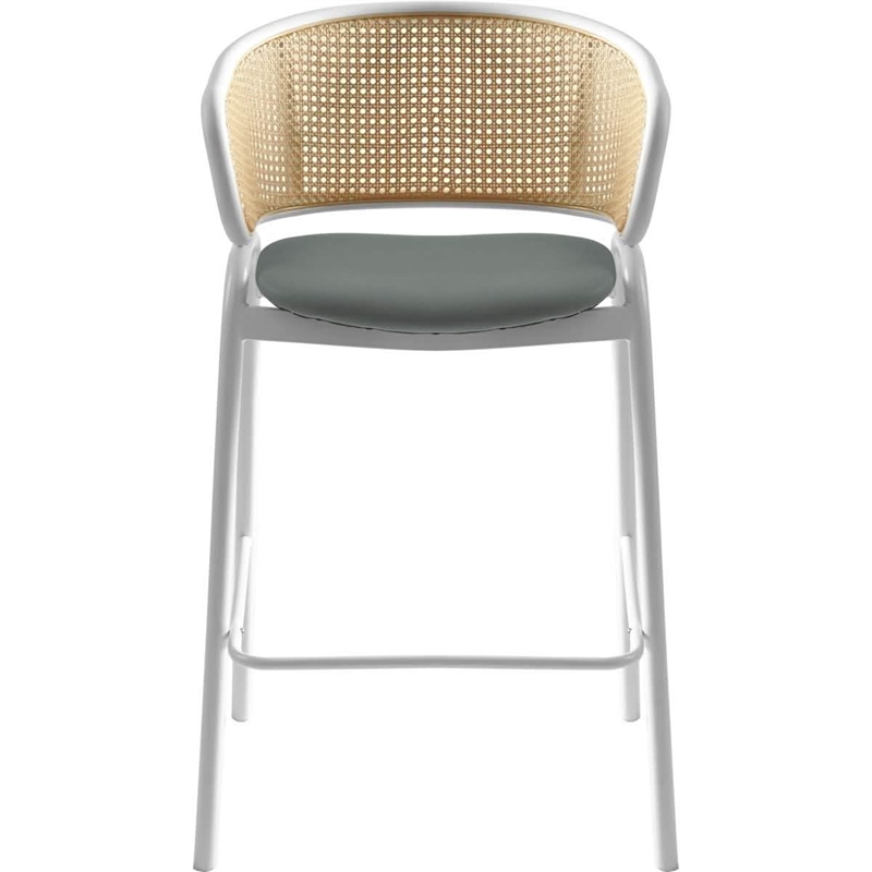 LeisureMod Ervilla Wicker Back and Leather Upholstered Bar Stool in Gray/White