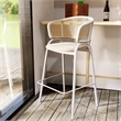 LeisureMod Ervilla Wicker Back and Leather Upholstered Bar Stool in White/White