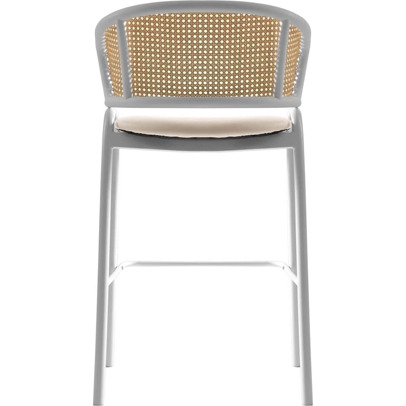 LeisureMod Ervilla Wicker Back and Leather Upholstered Bar Stool in White/White