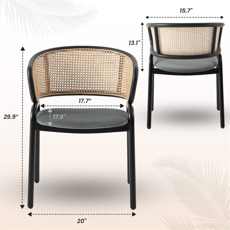 Ervilla Wicker Back and Leather Seat Dining Chair in Gray/Black (Set of 2)