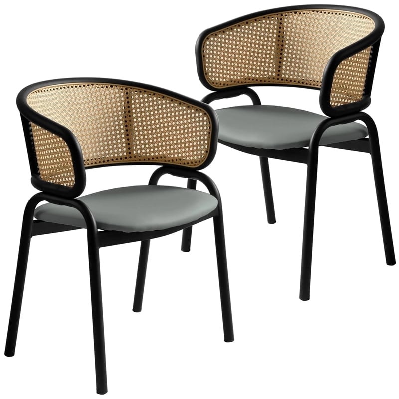 Ervilla Wicker Back and Leather Seat Dining Chair in Gray/Black (Set of 2)