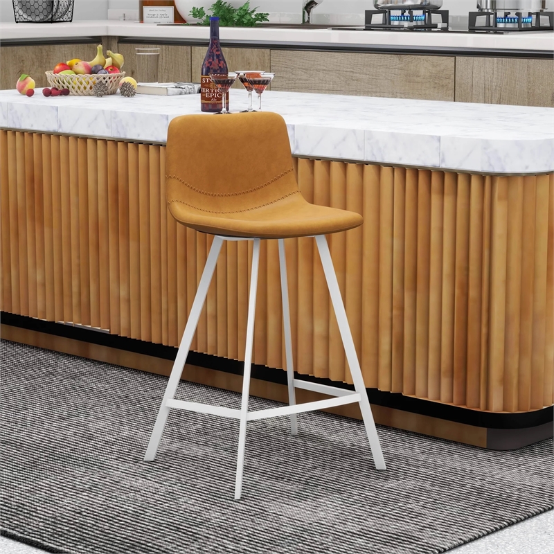 Elland Leather Upholstered Bar Stool in Light Brown/White Iron Legs & Footrest