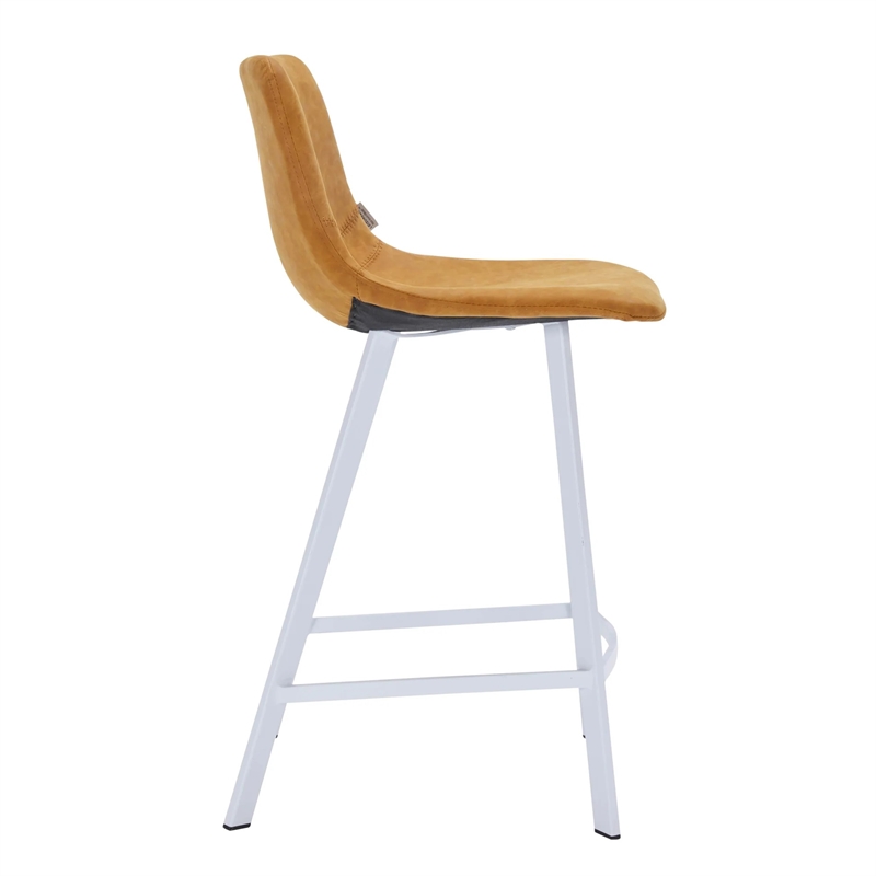 Elland Leather Upholstered Bar Stool in Light Brown/White Iron Legs & Footrest