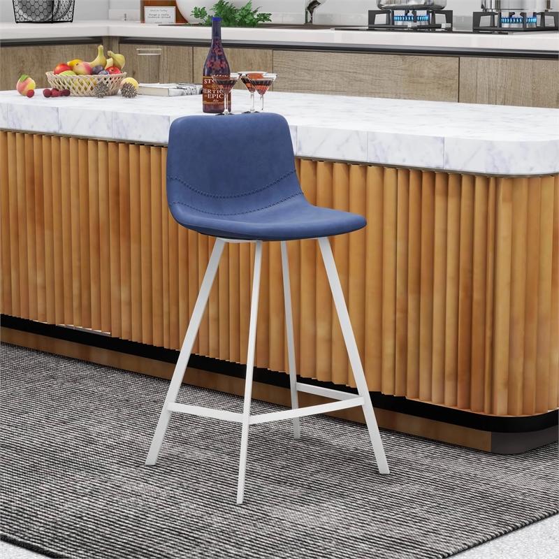 Elland Leather Upholstered Bar Stool in Peacock Blue/White Iron Legs & Footrest