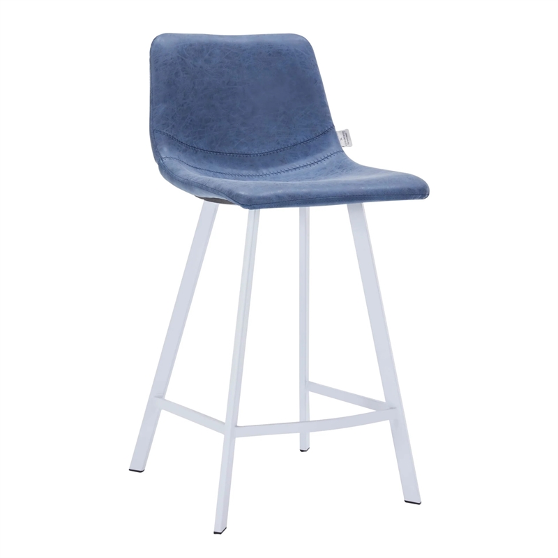 Elland Leather Upholstered Bar Stool in Peacock Blue/White Iron Legs & Footrest
