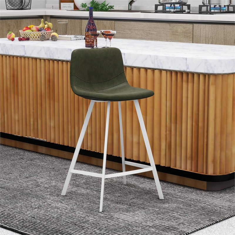 Elland Leather Upholstered Bar Stool in Olive Green/White Iron Legs & Footrest