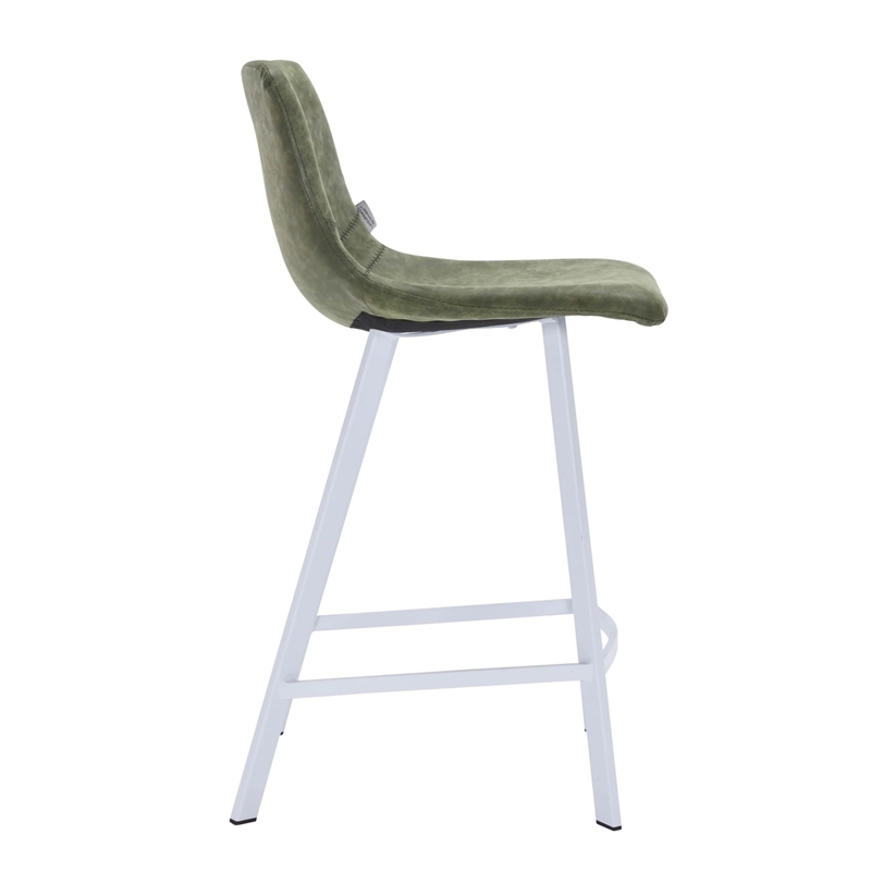 Elland Leather Upholstered Bar Stool in Olive Green/White Iron Legs & Footrest