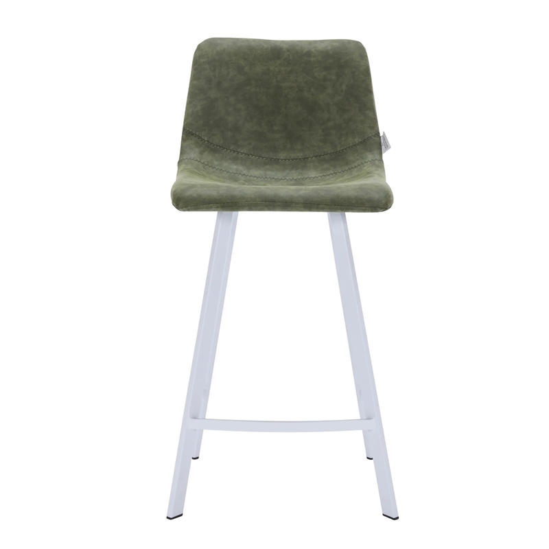 Elland Leather Upholstered Bar Stool in Olive Green/White Iron Legs & Footrest