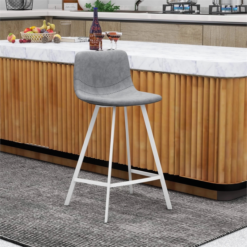 Elland Leather Upholstered Bar Stool in Light Gray/White Iron Legs & Footrest