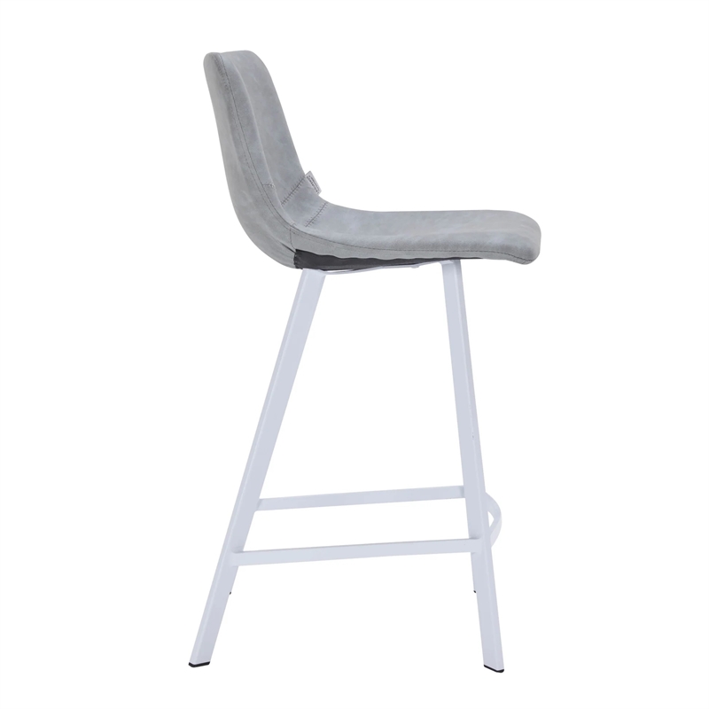Elland Leather Upholstered Bar Stool in Light Gray/White Iron Legs & Footrest