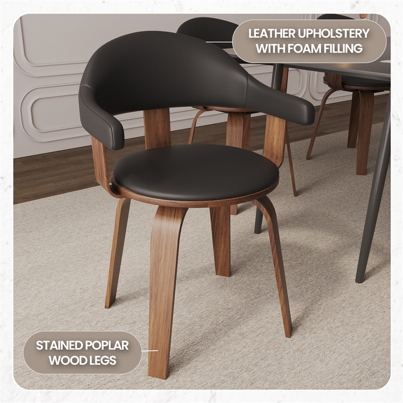 LeisureMod Brivo Leather Seat Swivel Dining Chair in Black/Walnut Frame