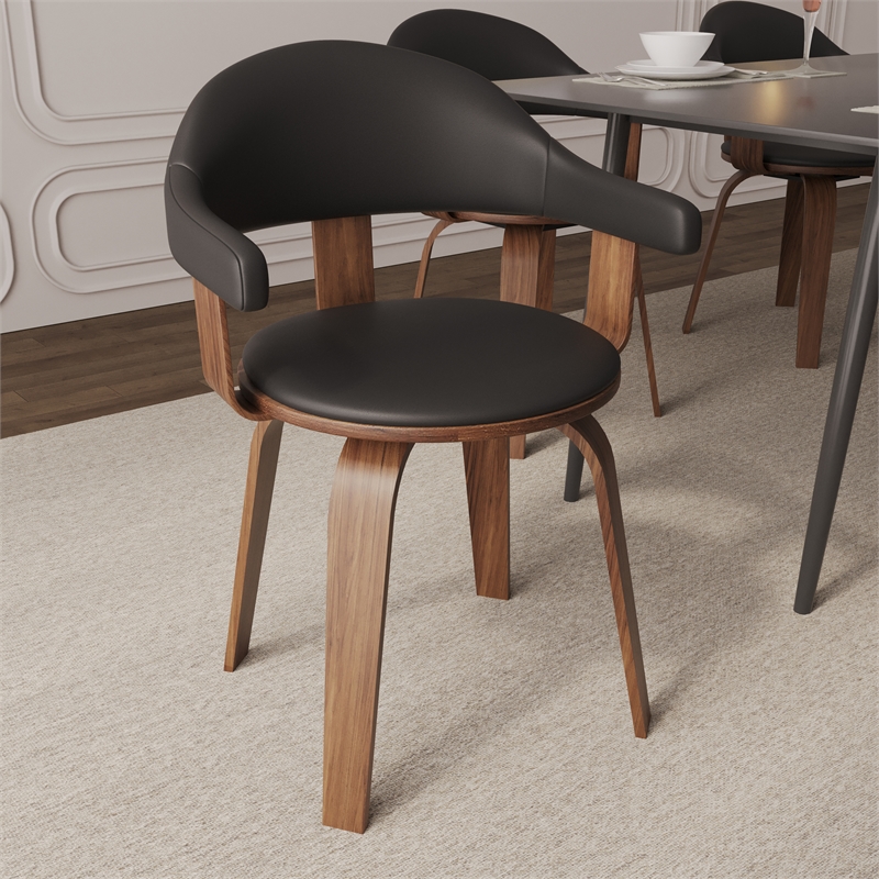 LeisureMod Brivo Leather Seat Swivel Dining Chair in Black/Walnut Frame