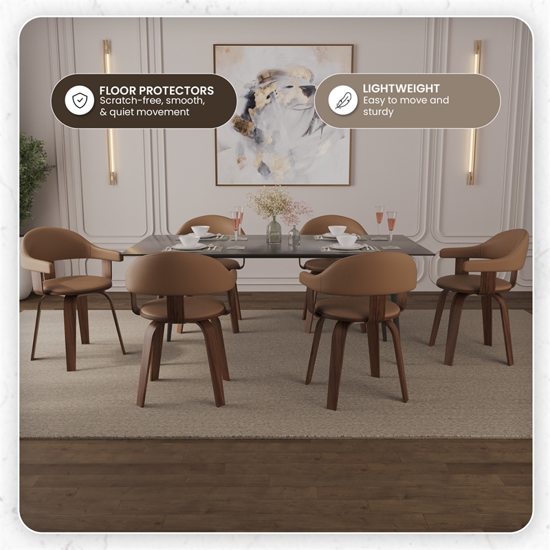 LeisureMod Brivo Leather Seat Swivel Dining Chair in Brown/Walnut Frame