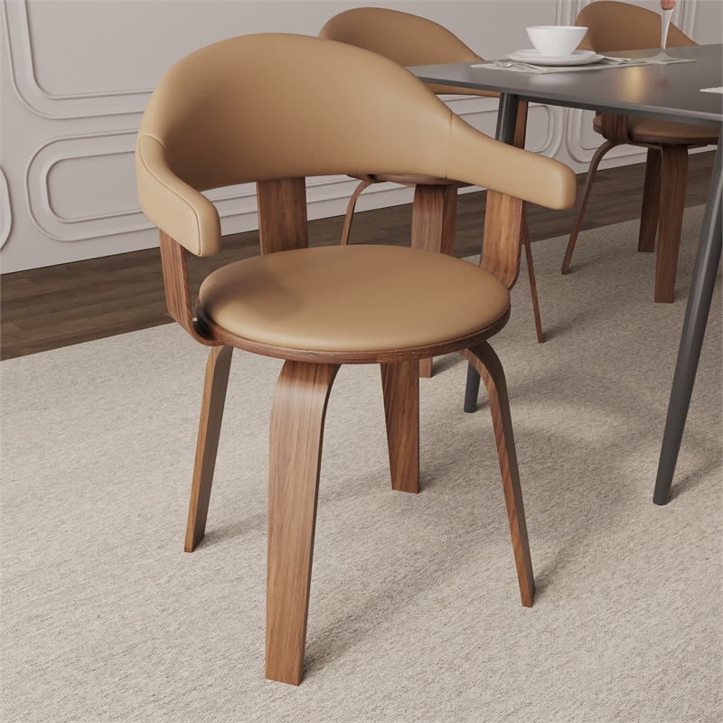 LeisureMod Brivo Leather Seat Swivel Dining Chair in Brown/Walnut Frame