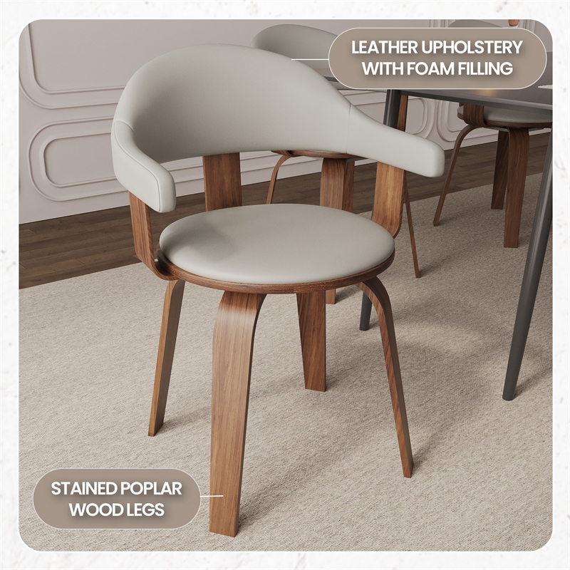 LeisureMod Brivo Leather Seat Swivel Dining Chair in Gray/Walnut Frame