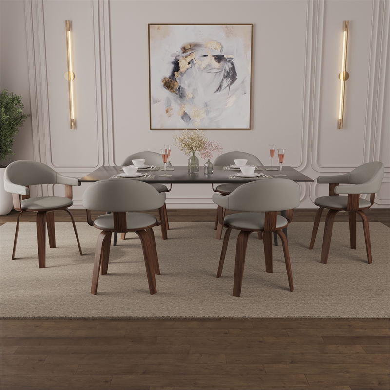LeisureMod Brivo Leather Seat Swivel Dining Chair in Gray/Walnut Frame