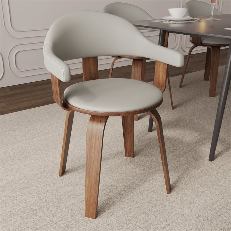 LeisureMod Brivo Leather Seat Swivel Dining Chair in Gray/Walnut Frame