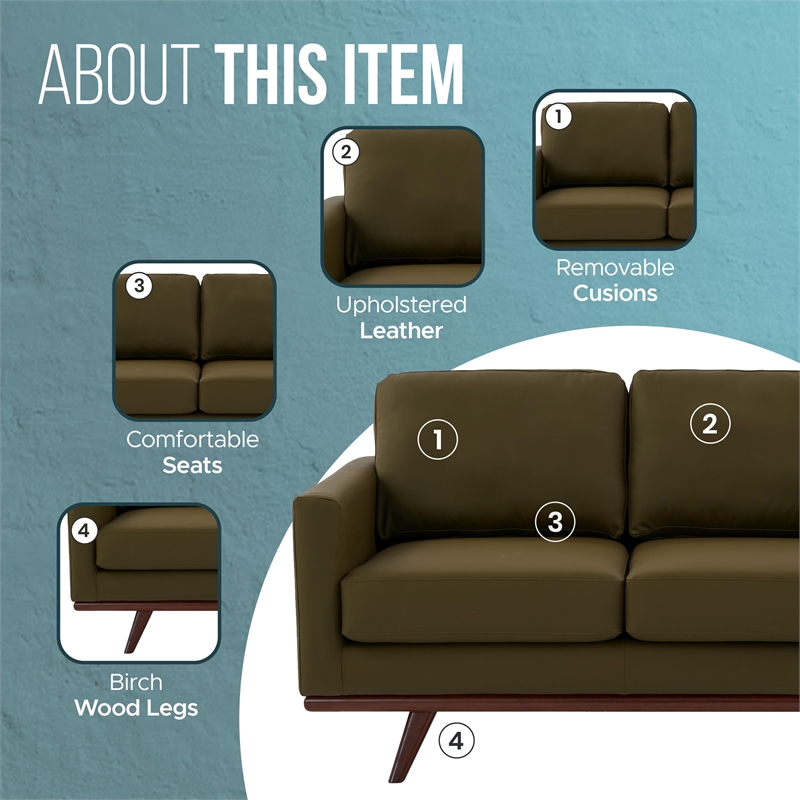 LeisureMod Chester Modern Faux Leather Loveseat Chair in Green Leather