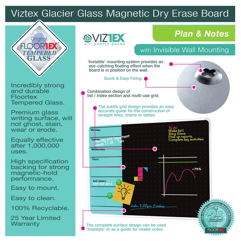 Viztex Glacier Magnetic Glass Dry Erase Board Polar White Jet Black 17x23 inch