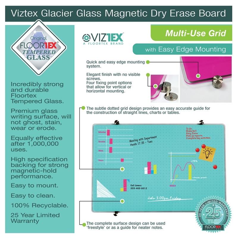 Viztex Glacier Magnetic Glass Dry Erase Board Polar White 24x36 inch