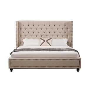 American Eagle Furniture Tufted Fabric Queen Platform Bed in Beige