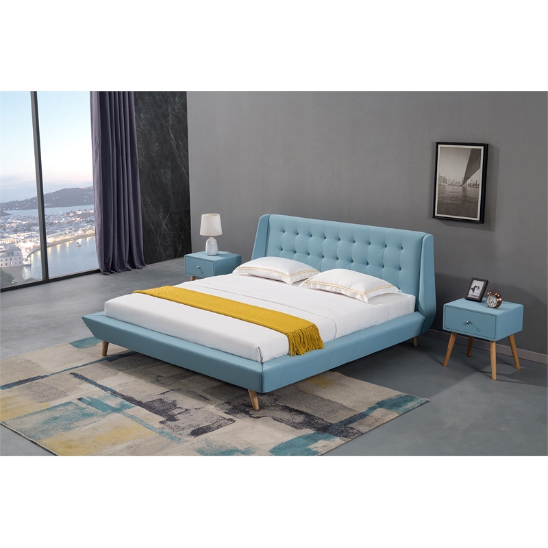 American Eagle Furniture Fabric Tufted King Platform Bed in Light Blue