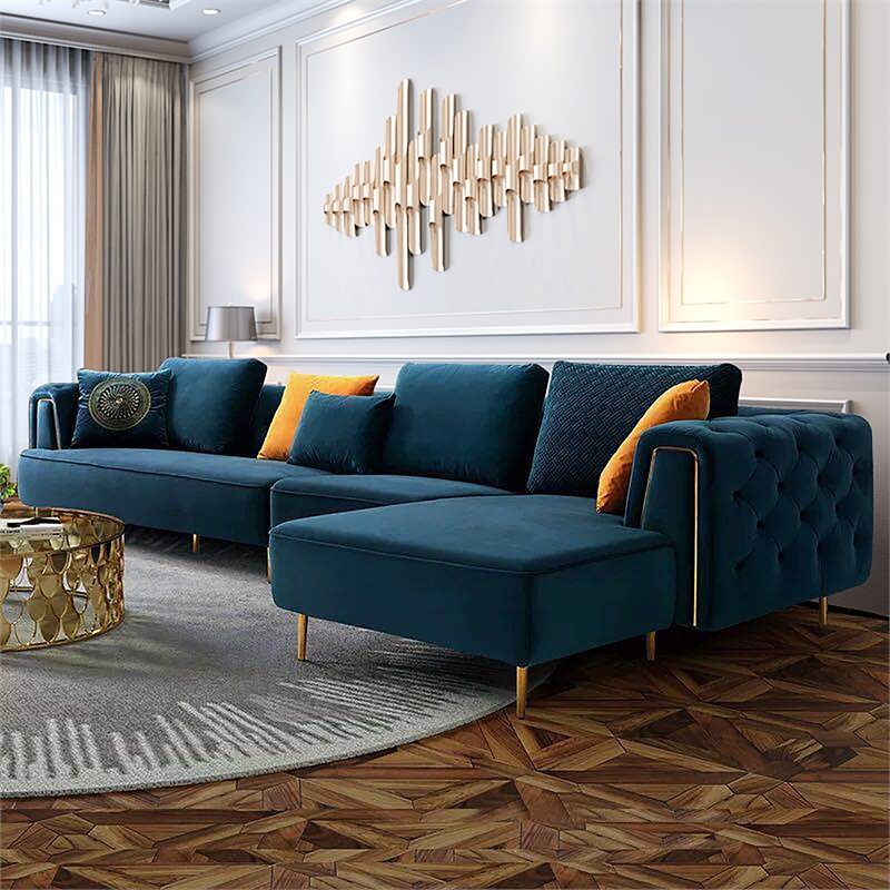 AE-LD831L 3 Piece Royal Blue Velvet Fabric Right Side Facing Chaise Sectional