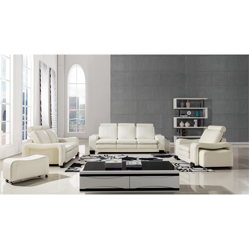 AE210 Ivory Color With Faux Leather Loveseat and 1 Ottoman