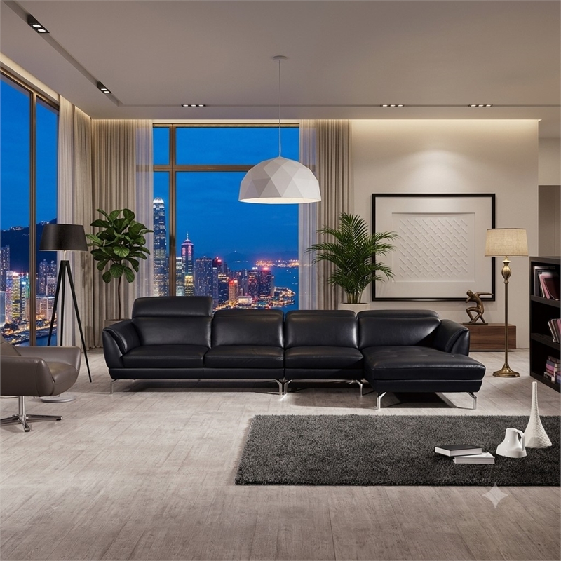 EK-L023 Black Color With Italian Leather Sectional - Right Facing Chaise