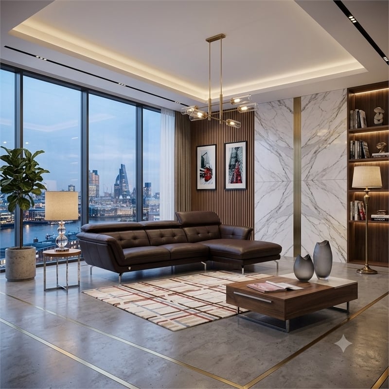 EK-L083 Dark Chocolate (Brown) Color With Italian Leather Right Facing Sectional