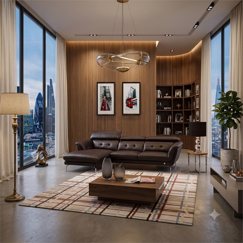 EK-L083 Dark Chocolate (Brown) Color With Italian Leather Sectional Left Facing