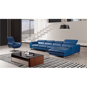 EK-L030 Blue Color With Full Italian Leather Sectional  Right Facing Chaise