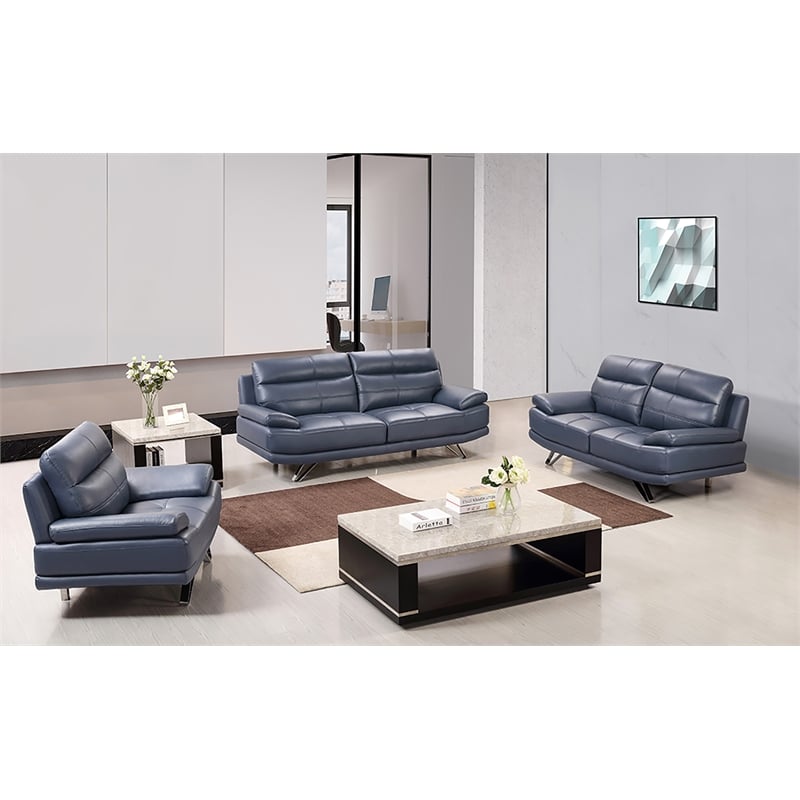 American Eagle Furniture Genuine Leather Loveseat in Navy Blue/Chrome