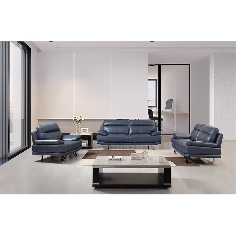 American Eagle Furniture Genuine Leather Loveseat in Navy Blue/Chrome