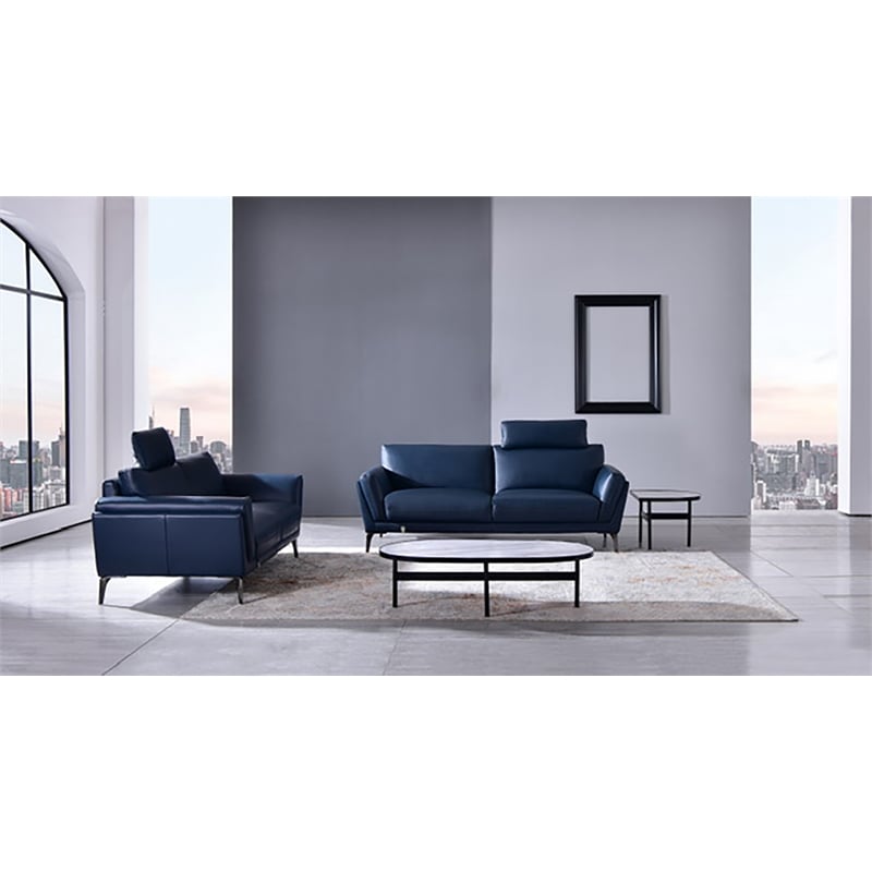 American Eagle Furniture Contemporary Full Leather Sofa in Navy Blue/Chrome
