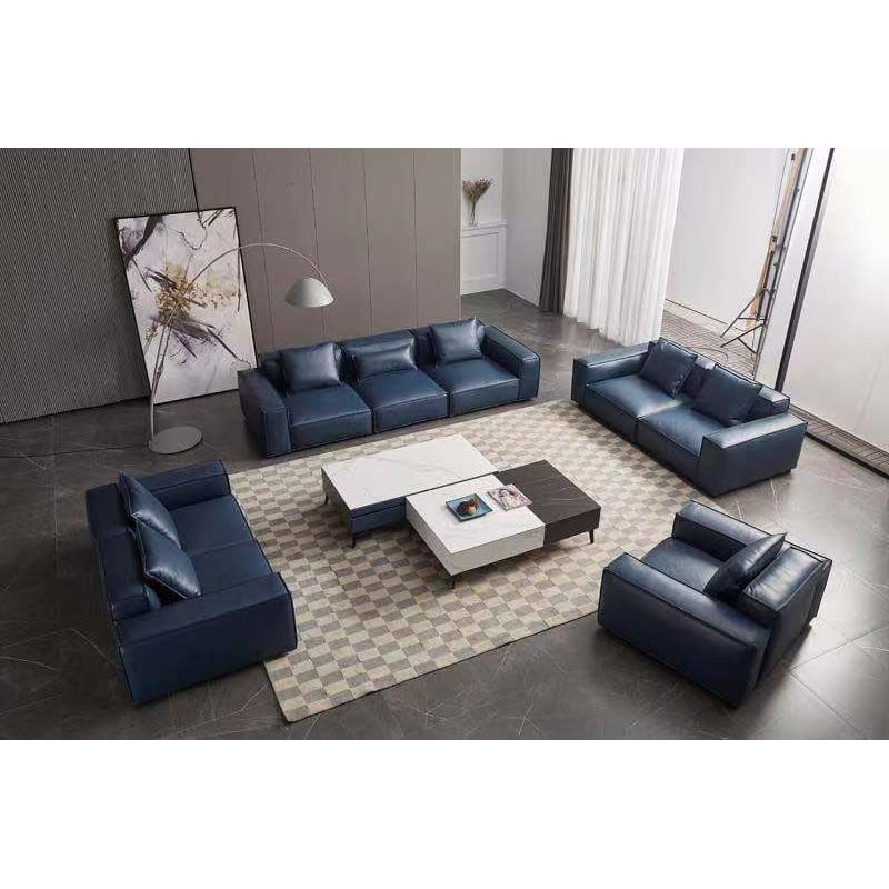 American Eagle Furniture Contemporary Full Leather/Wood Loveseat in Navy Blue