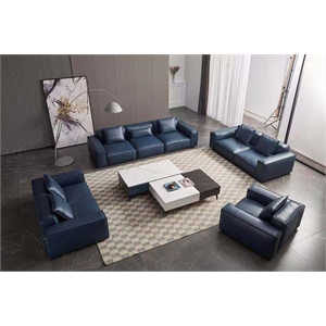 American Eagle Furniture Contemporary Full Leather/Wood Loveseat in Navy Blue