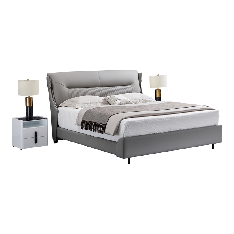 American Eagle Furniture Metal & Genuine Leather Queen Bed in Gray