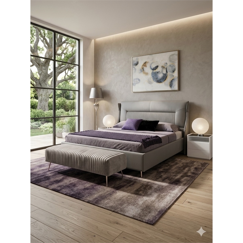 American Eagle Furniture Leather & Metal Cal King Bed in Light Gray
