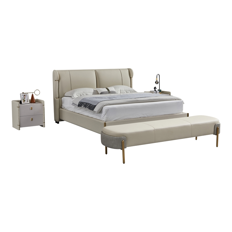 American Eagle Furniture Genuine Leather & Metal Queen Bed in Cream