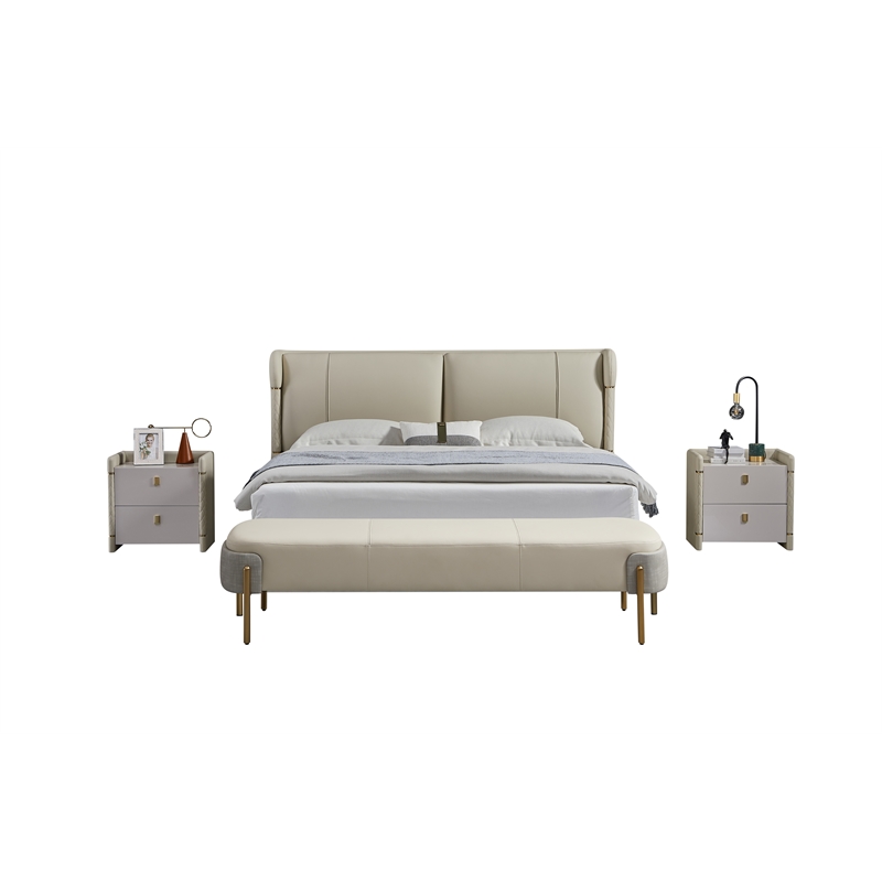 American Eagle Furniture Genuine Leather & Metal Queen Bed in Cream