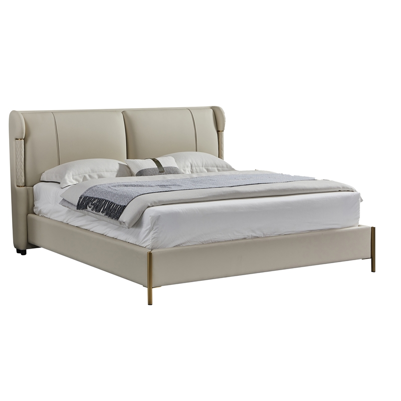 American Eagle Furniture Genuine Leather & Metal Queen Bed in Cream