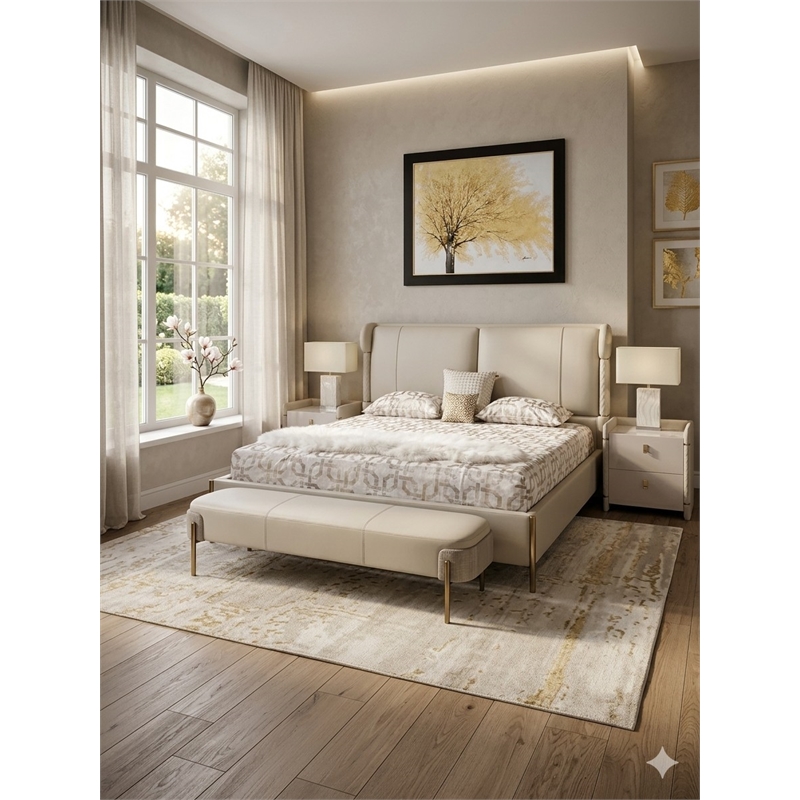 American Eagle Furniture Rounded Edge Faux Leather/Metal Ottoman in Cream
