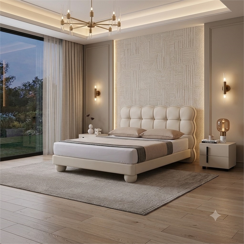 American Eagle  B-D083-W-Q Modern White Cream Faux Leather Queen Size Bed