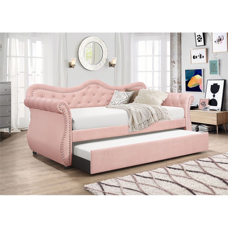 Abby Modern style Upholstered Tufted Velvet Daybed with Trundle in Gray