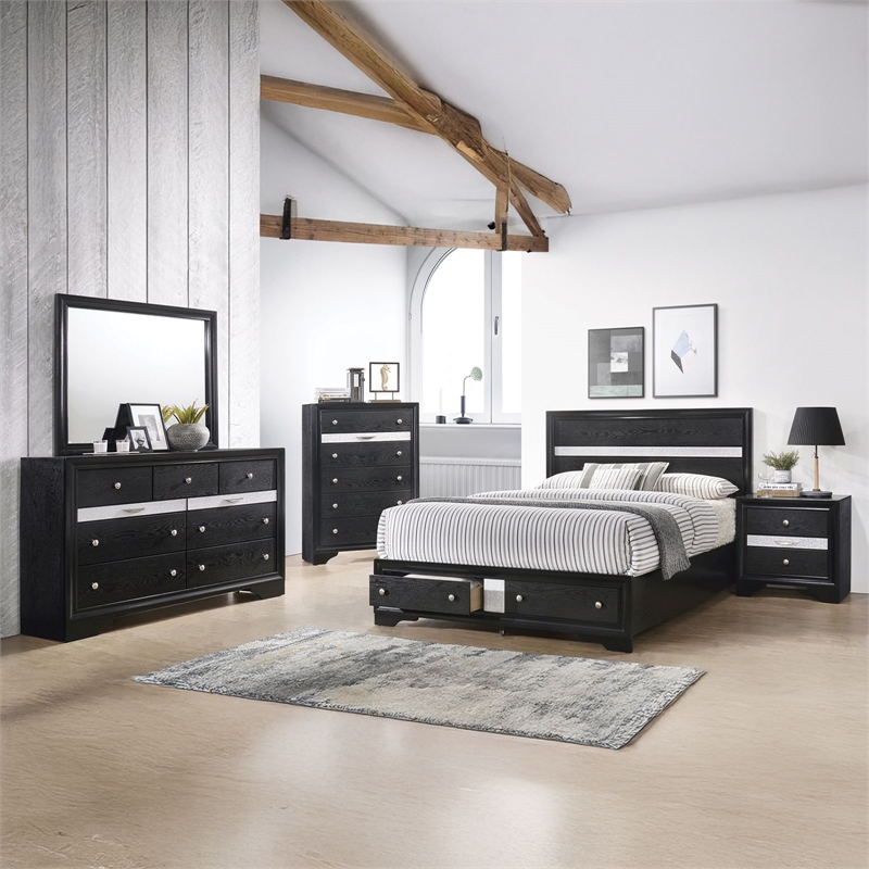 Matrix Traditional Style Queen 5 PC Storage Bedroom Set in Black made with Wood