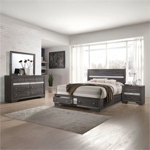 Matrix Traditional Style Queen 4 Pc Storage Bedroom Set in Gray made with Wood